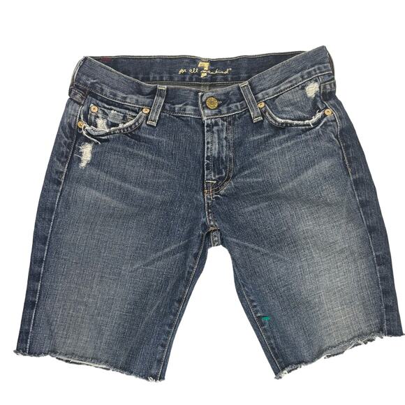 7 For All Mankind Women's Distressed Denim Bermuda Shorts Raw Hem Size 26 - Picture 1 of 8